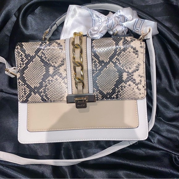 Aldo ANNIEBROOK Cream, tan and Snake Print Shoulder Bag. Elegant accent bow. - Picture 10 of 15
